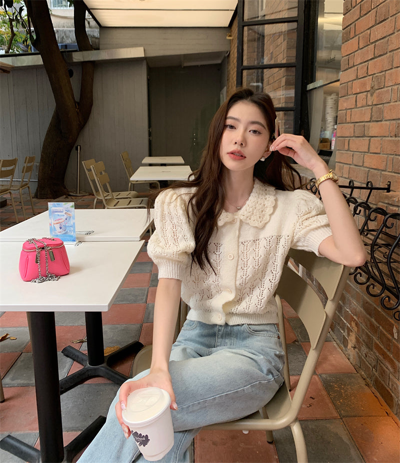 CGE889-120B 氣質百搭白色鏤空泡泡袖針織毛衣