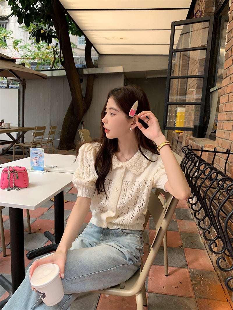 CGE889-120B 氣質百搭白色鏤空泡泡袖針織毛衣