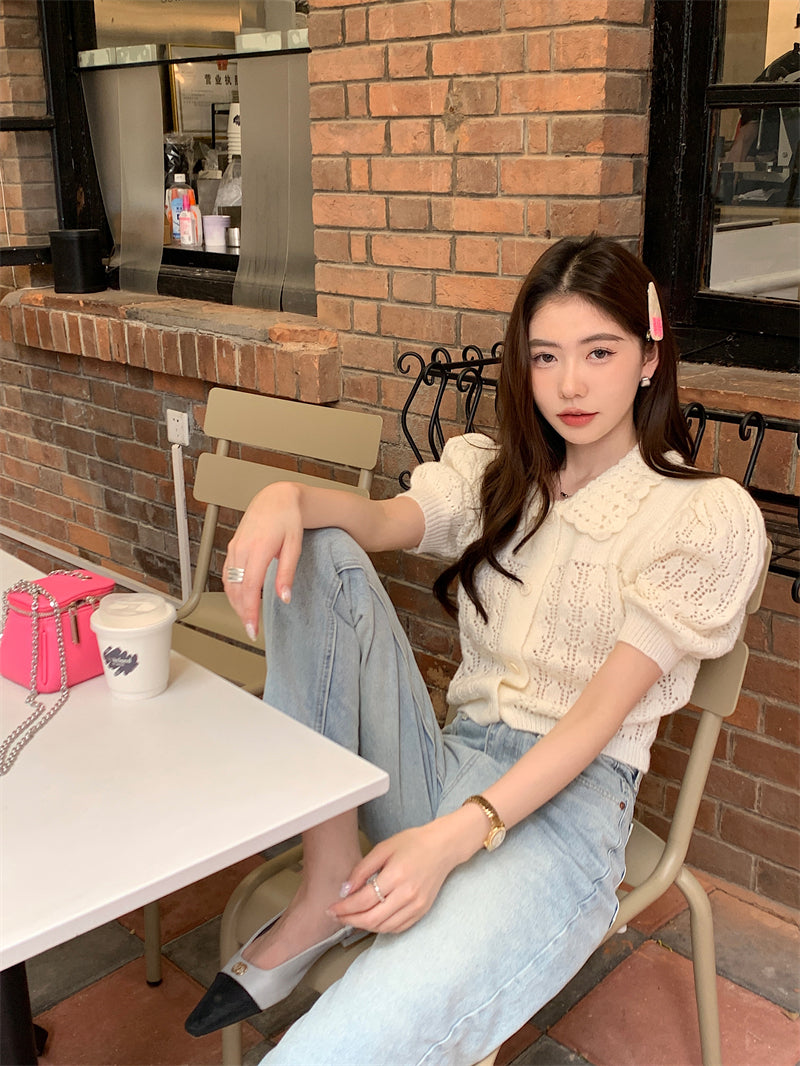 CGE889-120B 氣質百搭白色鏤空泡泡袖針織毛衣