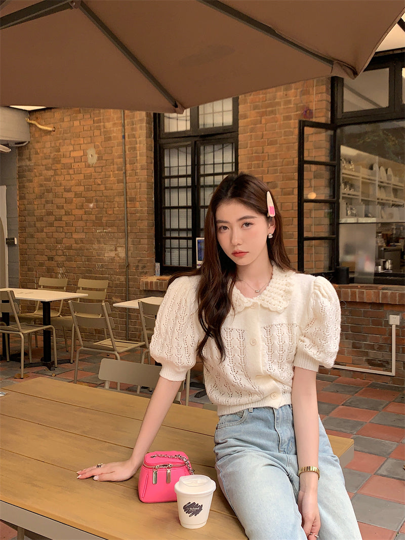CGE889-120B 氣質百搭白色鏤空泡泡袖針織毛衣
