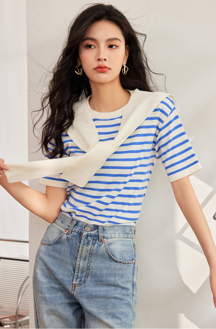 CGE8503-17B 條紋針織夏季海軍風披肩假兩件上衣