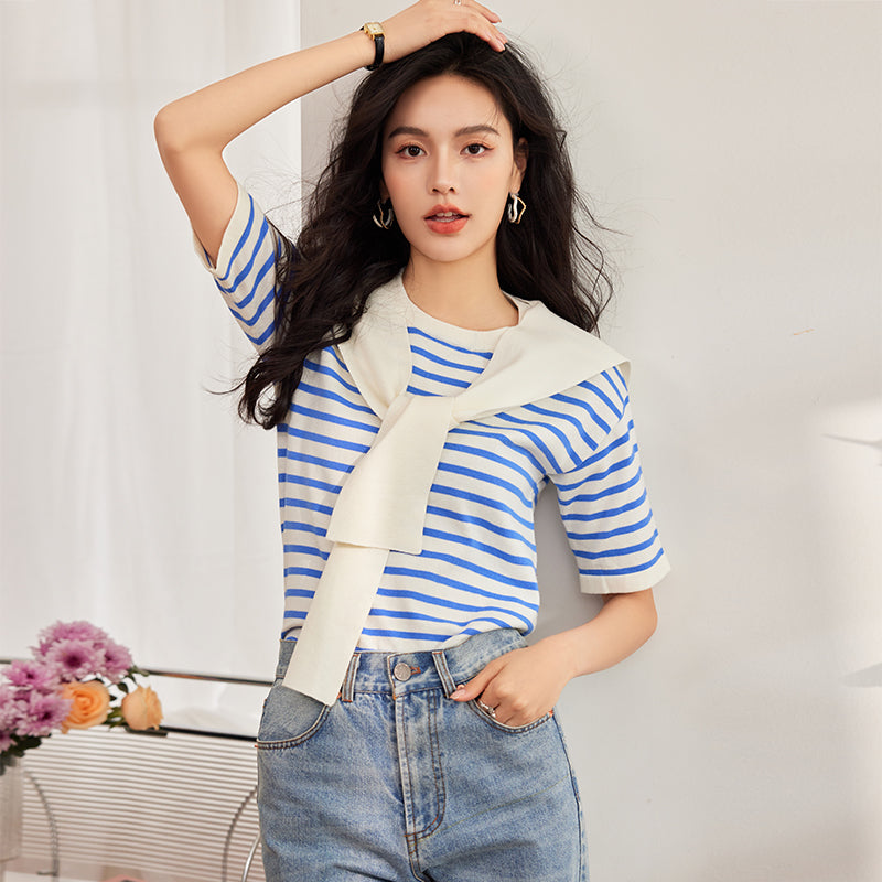 CGE8503-17B 條紋針織夏季海軍風披肩假兩件上衣