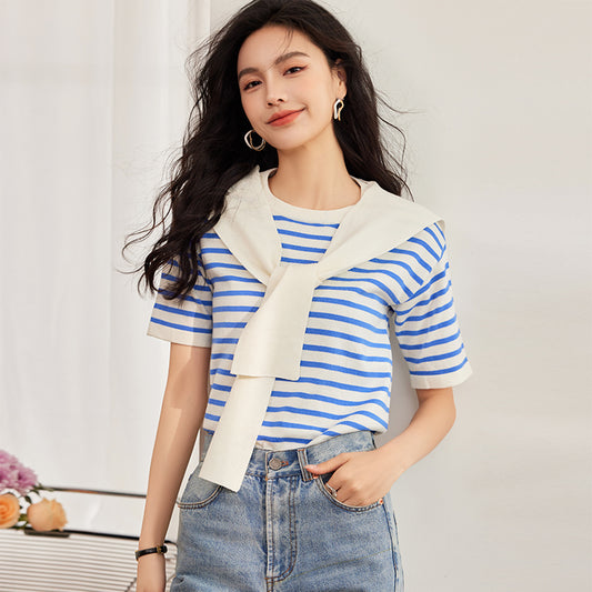 CGE8503-17B 條紋針織夏季海軍風披肩假兩件上衣