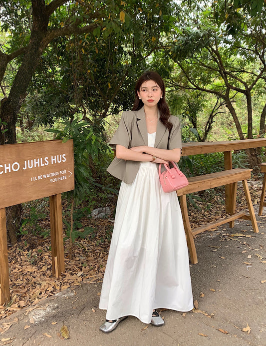 CGB892-120B 百搭短袖西裝外套+V領吊帶長款連衣裙套裝