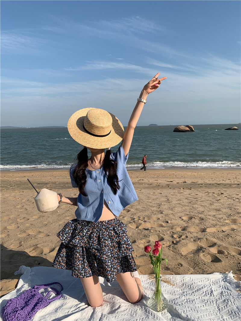 CGE5277-120B 百搭方領針織上衣+碎花小短裙套裝