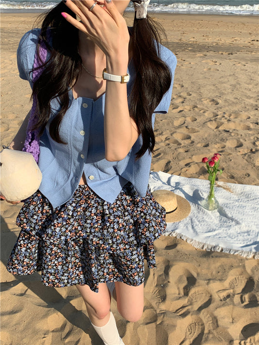 CGE5277-120B 百搭方領針織上衣+碎花小短裙套裝