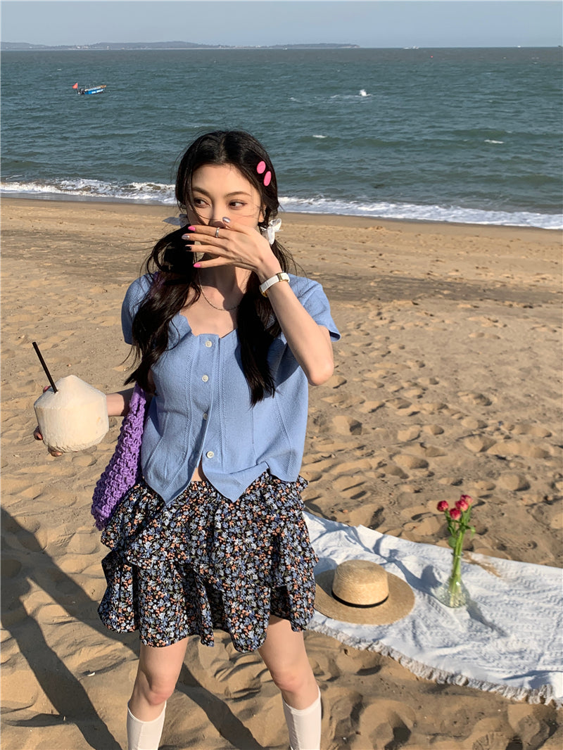 CGE5277-120B 百搭方領針織上衣+碎花小短裙套裝