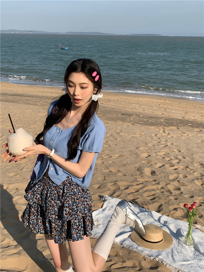 CGE5277-120B 百搭方領針織上衣+碎花小短裙套裝