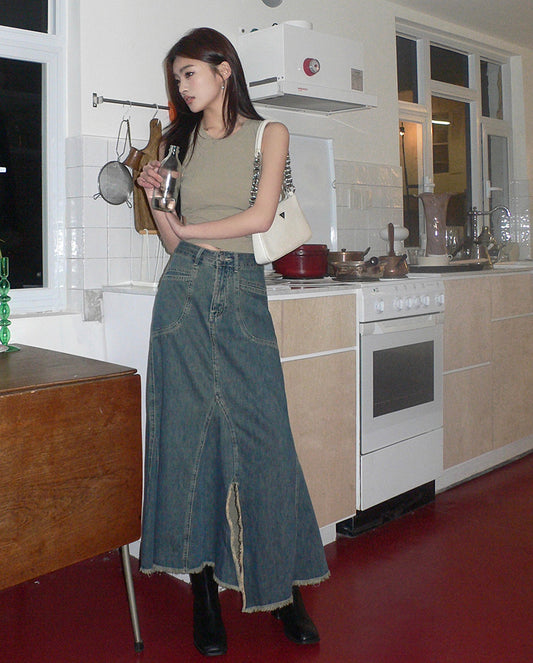 📺︎︎ CGS4693-3B 春夏毛邊不規則開叉牛仔裙半身裙