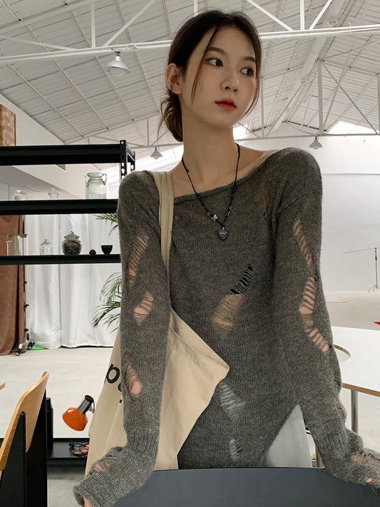 CGDM30120-54B 外搭破洞灰色薄款設計感針織衫上衣(4色)