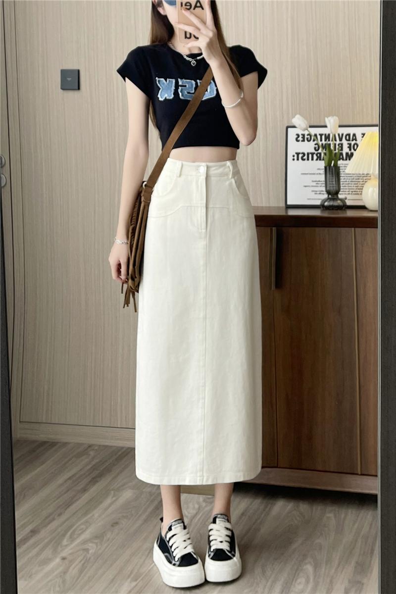 📺︎︎ CGS8080-82B 洗水牛仔A字半身裙中長款夏高腰包臀裙(3色)