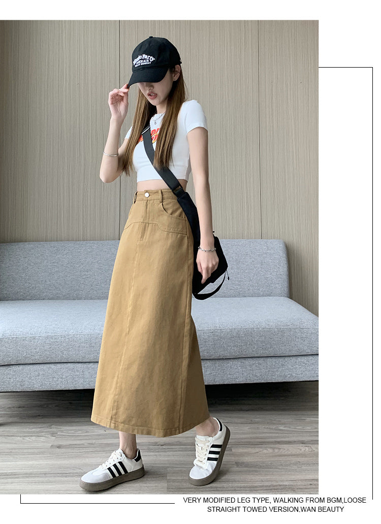 📺︎︎ CGS8080-82B 洗水牛仔A字半身裙中長款夏高腰包臀裙(3色)