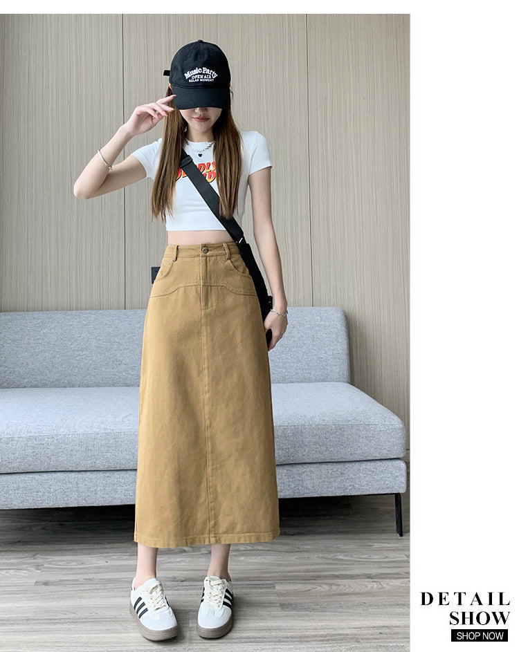 📺︎︎ CGS8080-82B 洗水牛仔A字半身裙中長款夏高腰包臀裙(3色)