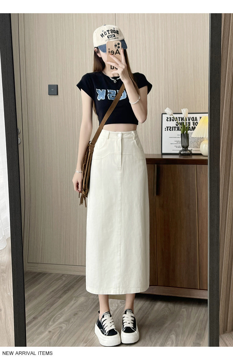 📺︎︎ CGS8080-82B 洗水牛仔A字半身裙中長款夏高腰包臀裙(3色)