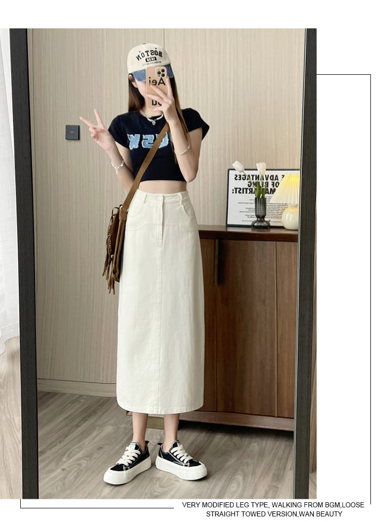 📺︎︎ CGS8080-82B 洗水牛仔A字半身裙中長款夏高腰包臀裙(3色)