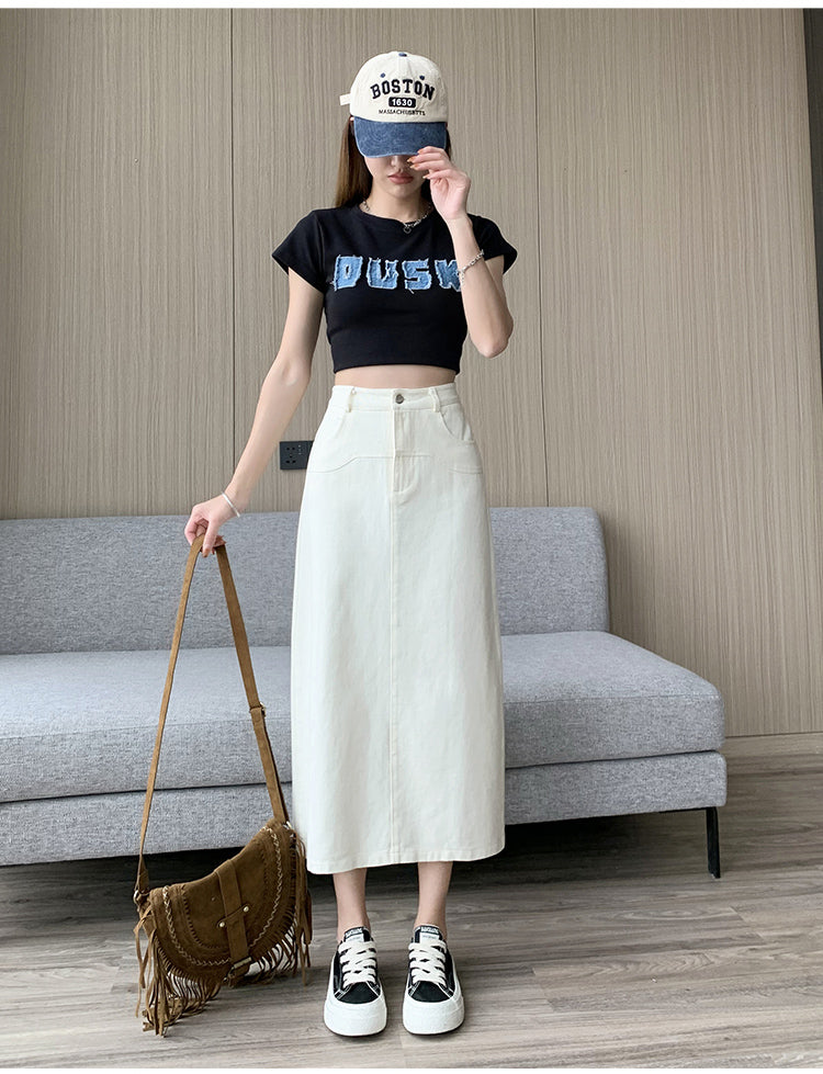 📺︎︎ CGS8080-82B 洗水牛仔A字半身裙中長款夏高腰包臀裙(3色)