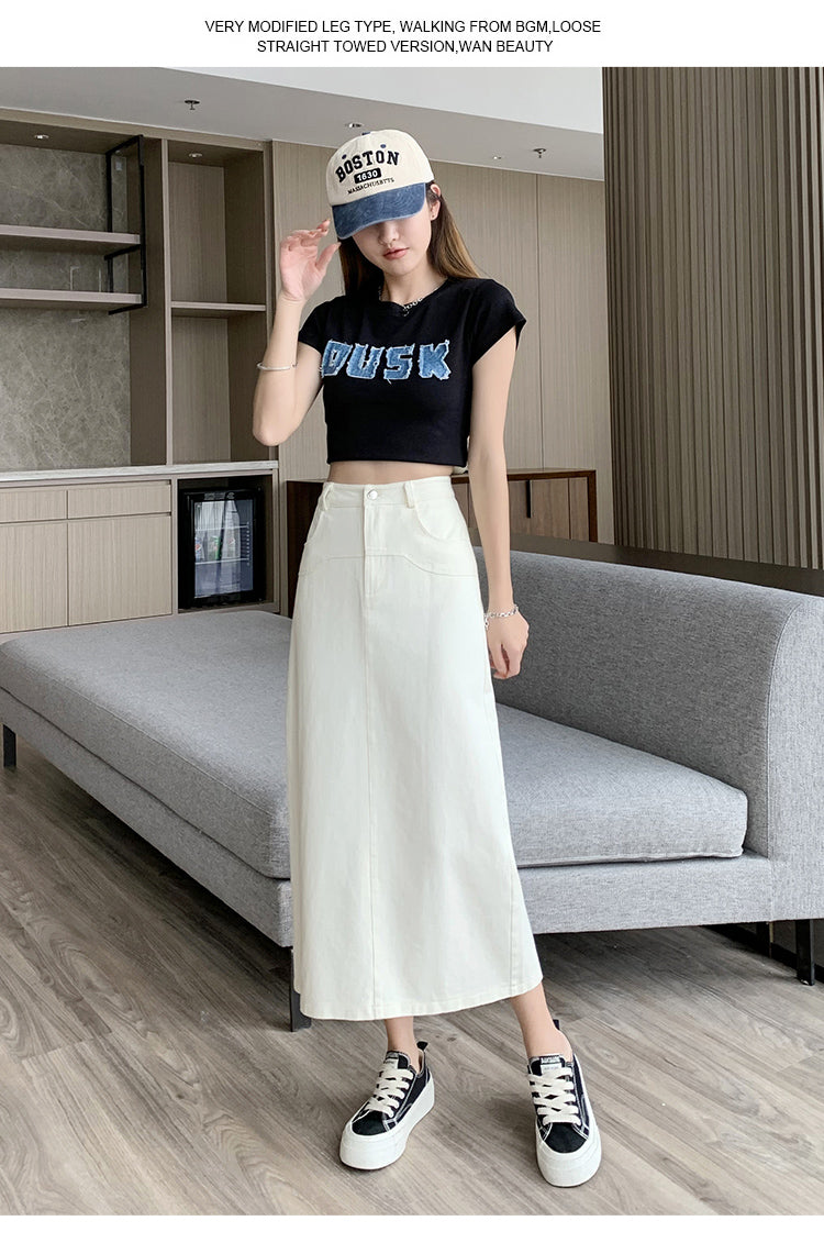 📺︎︎ CGS8080-82B 洗水牛仔A字半身裙中長款夏高腰包臀裙(3色)