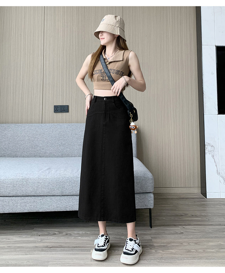 📺︎︎ CGS8080-82B 洗水牛仔A字半身裙中長款夏高腰包臀裙(3色)