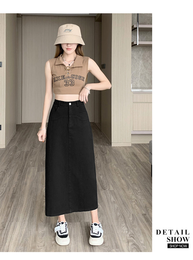 📺︎︎ CGS8080-82B 洗水牛仔A字半身裙中長款夏高腰包臀裙(3色)