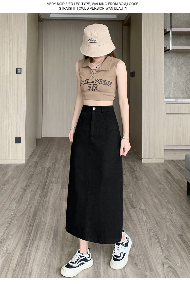 📺︎︎ CGS8080-82B 洗水牛仔A字半身裙中長款夏高腰包臀裙(3色)