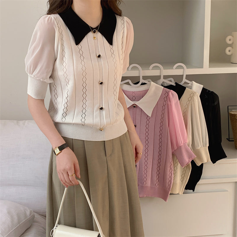 📺︎︎ CGE5059-88B 夏季針織娃娃領薄款寬鬆別致上衣(4色)