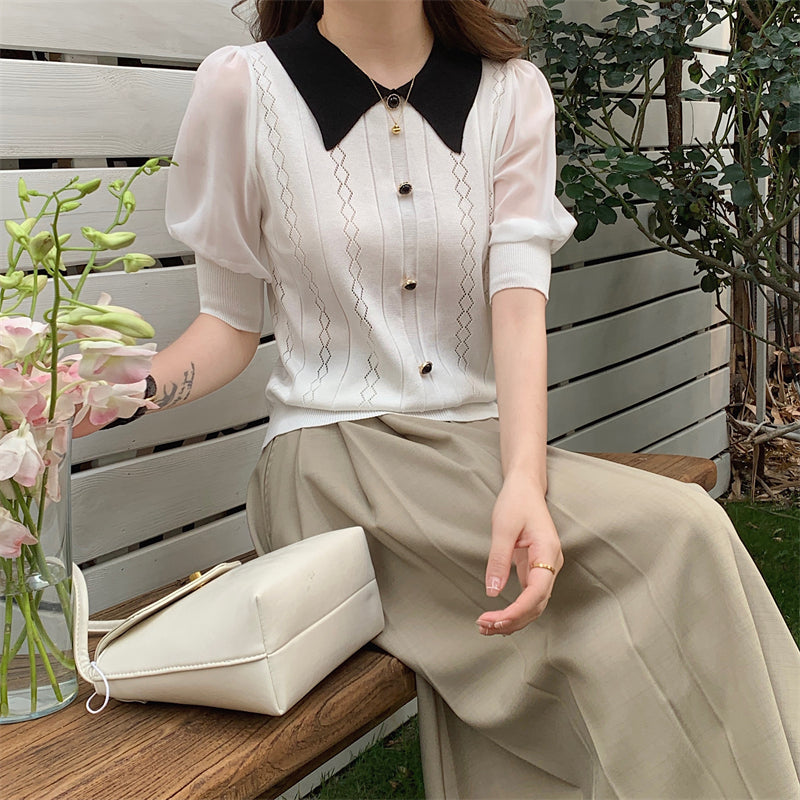 📺︎︎ CGE5059-88B 夏季針織娃娃領薄款寬鬆別致上衣(4色)