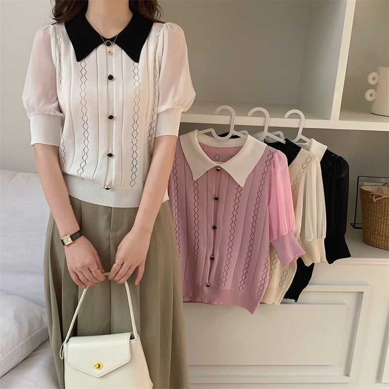 📺︎︎ CGE5059-88B 夏季針織娃娃領薄款寬鬆別致上衣(4色)