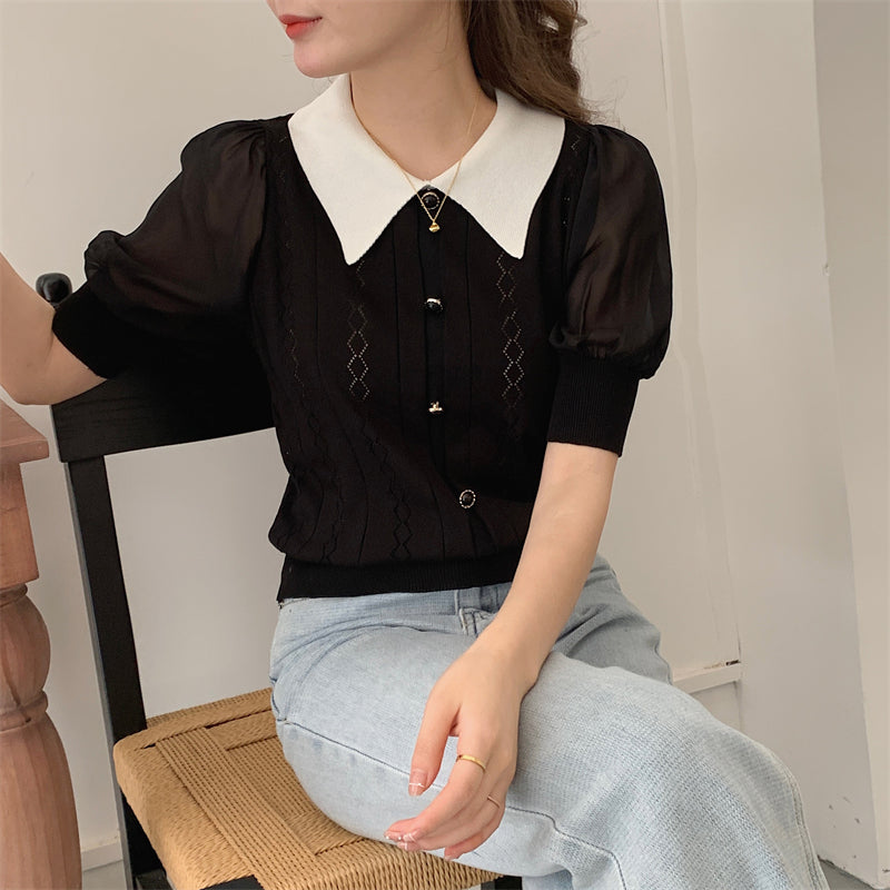 📺︎︎ CGE5059-88B 夏季針織娃娃領薄款寬鬆別致上衣(4色)