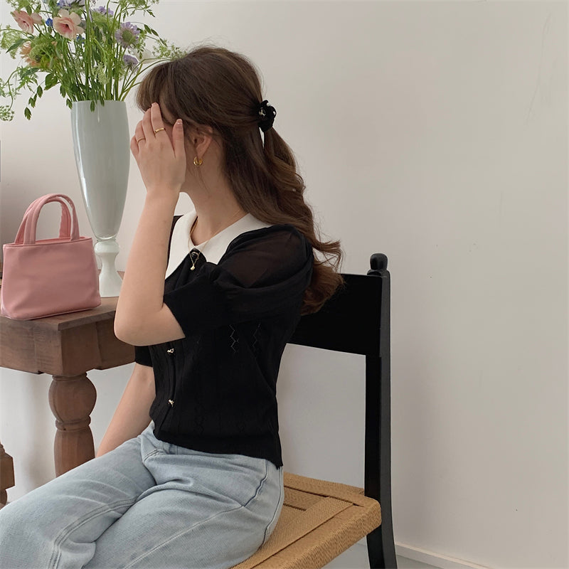 📺︎︎ CGE5059-88B 夏季針織娃娃領薄款寬鬆別致上衣(4色)