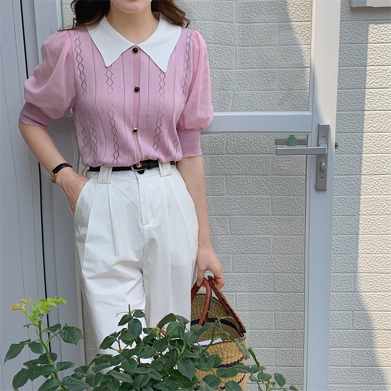 📺︎︎ CGE5059-88B 夏季針織娃娃領薄款寬鬆別致上衣(4色)