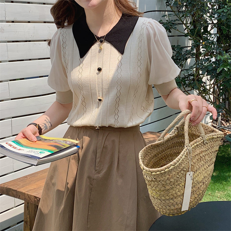 📺︎︎ CGE5059-88B 夏季針織娃娃領薄款寬鬆別致上衣(4色)