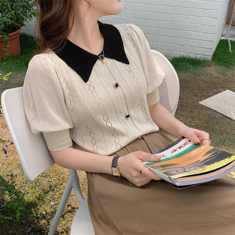 📺︎︎ CGE5059-88B 夏季針織娃娃領薄款寬鬆別致上衣(4色)