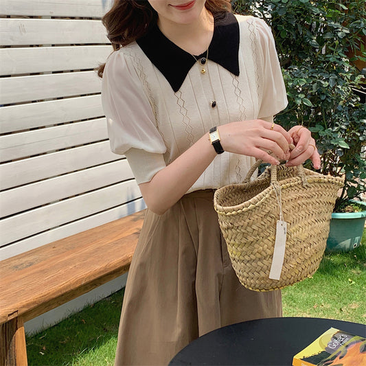 📺︎︎ CGE5059-88B 夏季針織娃娃領薄款寬鬆別致上衣(4色)