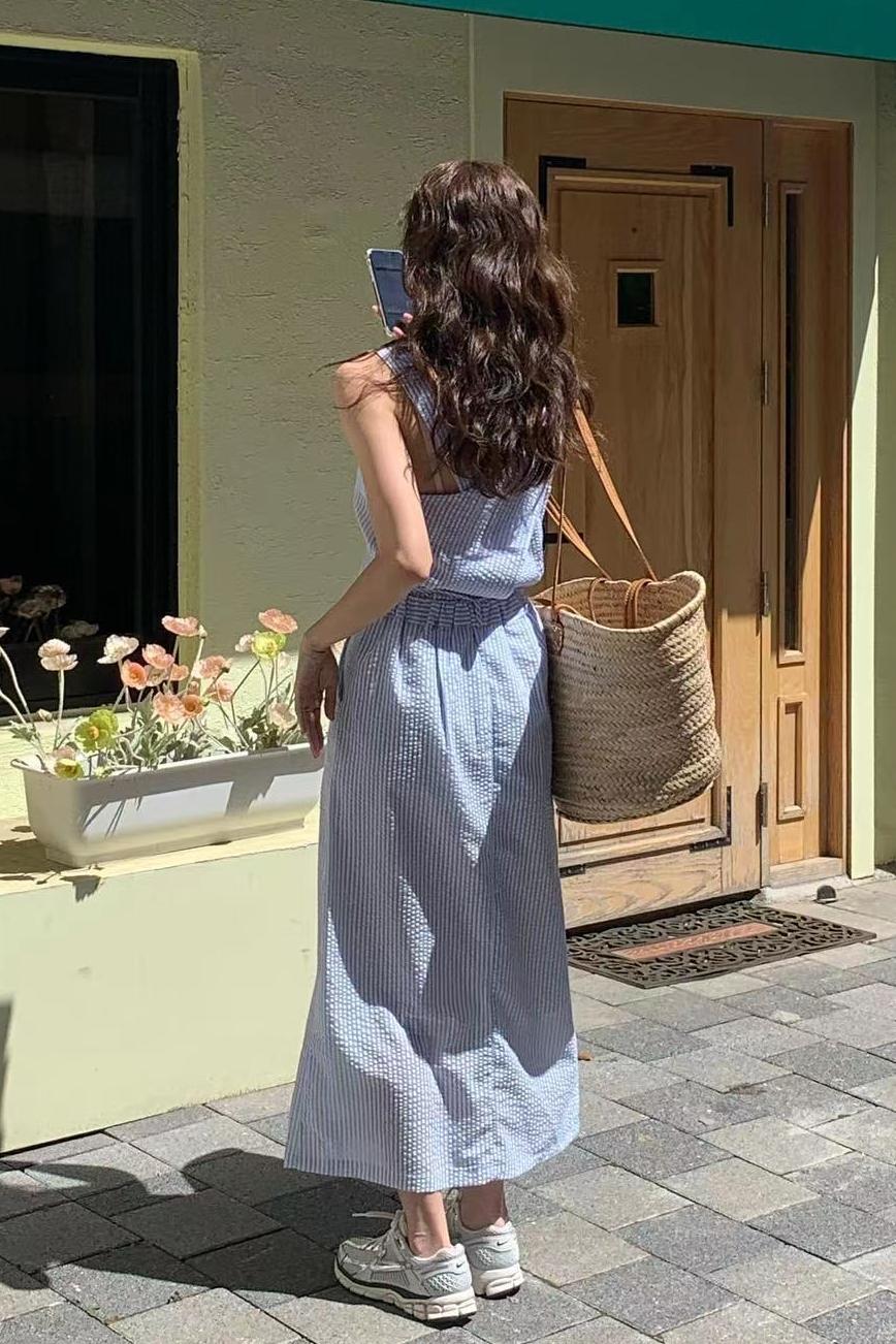 CGB3244-36H 條紋方領背心+半身裙兩件套套裝