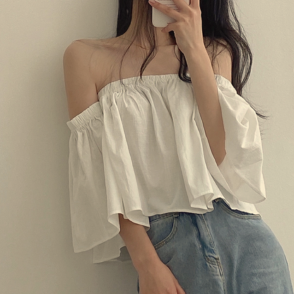 CGE1338-21B 小眾喇叭袖一字肩抹胸短款襯衣