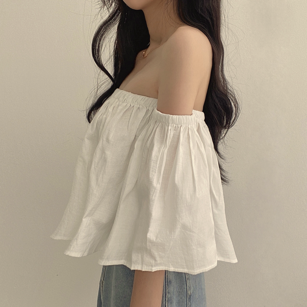 CGE1338-21B 小眾喇叭袖一字肩抹胸短款襯衣