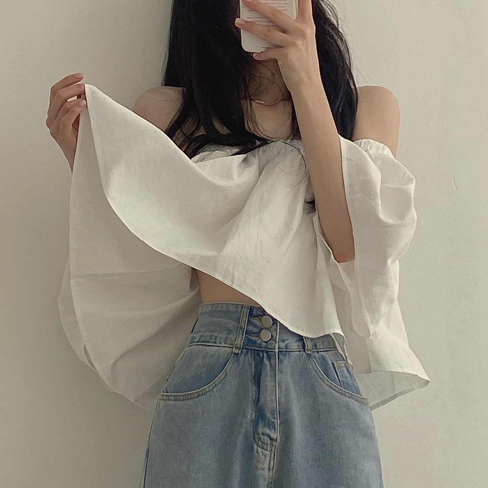 CGE1338-21B 小眾喇叭袖一字肩抹胸短款襯衣