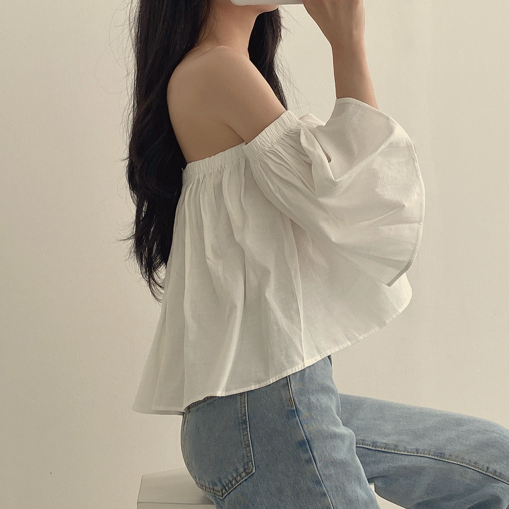 CGE1338-21B 小眾喇叭袖一字肩抹胸短款襯衣