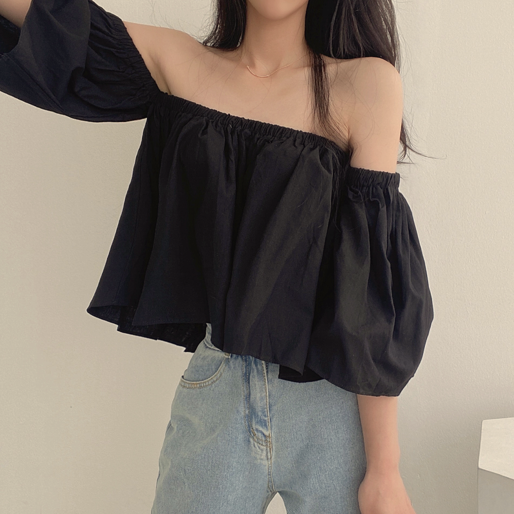 CGE1338-21B 小眾喇叭袖一字肩抹胸短款襯衣