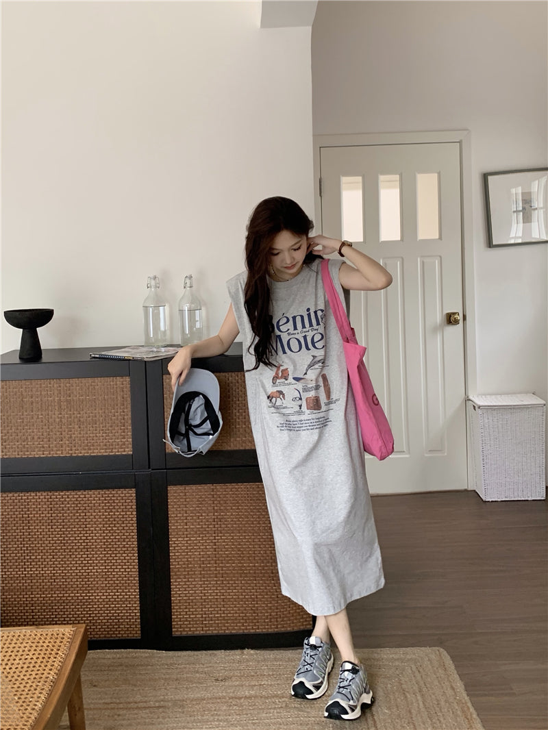 CGB5339-120B 夏日百搭超大印花無袖墊肩T恤連衣裙