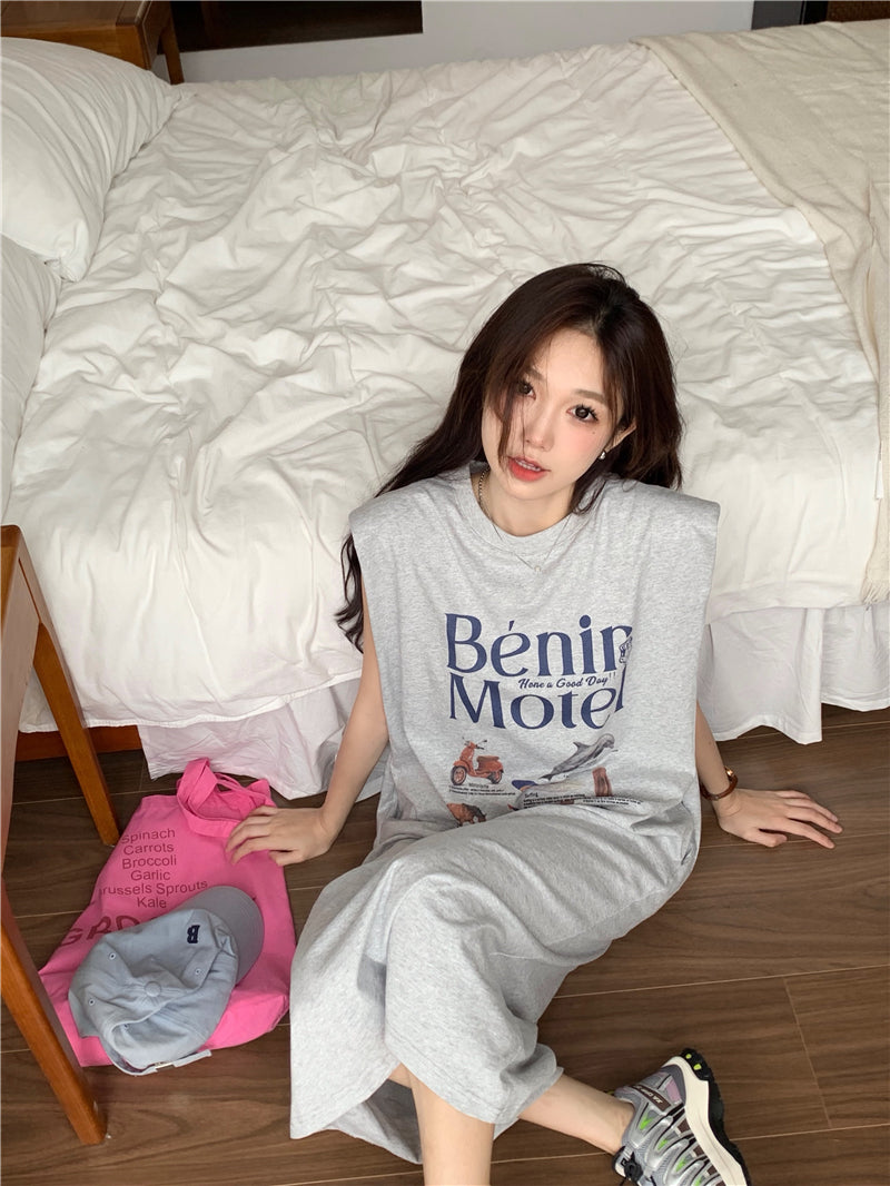 CGB5339-120B 夏日百搭超大印花無袖墊肩T恤連衣裙