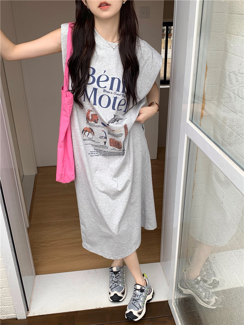 CGB5339-120B 夏日百搭超大印花無袖墊肩T恤連衣裙