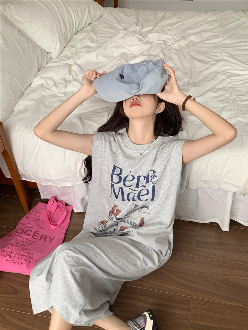 CGB5339-120B 夏日百搭超大印花無袖墊肩T恤連衣裙