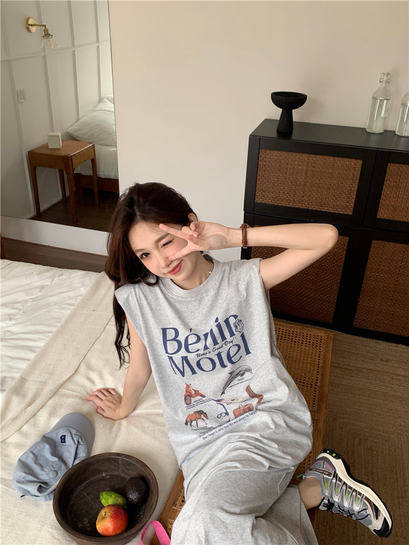 CGB5339-120B 夏日百搭超大印花無袖墊肩T恤連衣裙