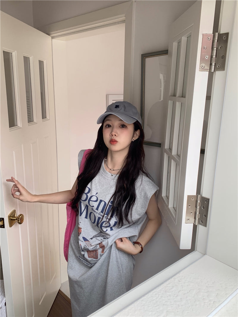 CGB5339-120B 夏日百搭超大印花無袖墊肩T恤連衣裙