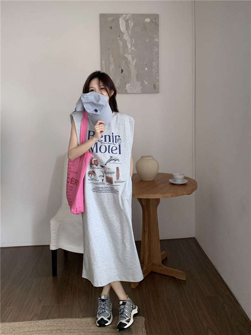 CGB5339-120B 夏日百搭超大印花無袖墊肩T恤連衣裙