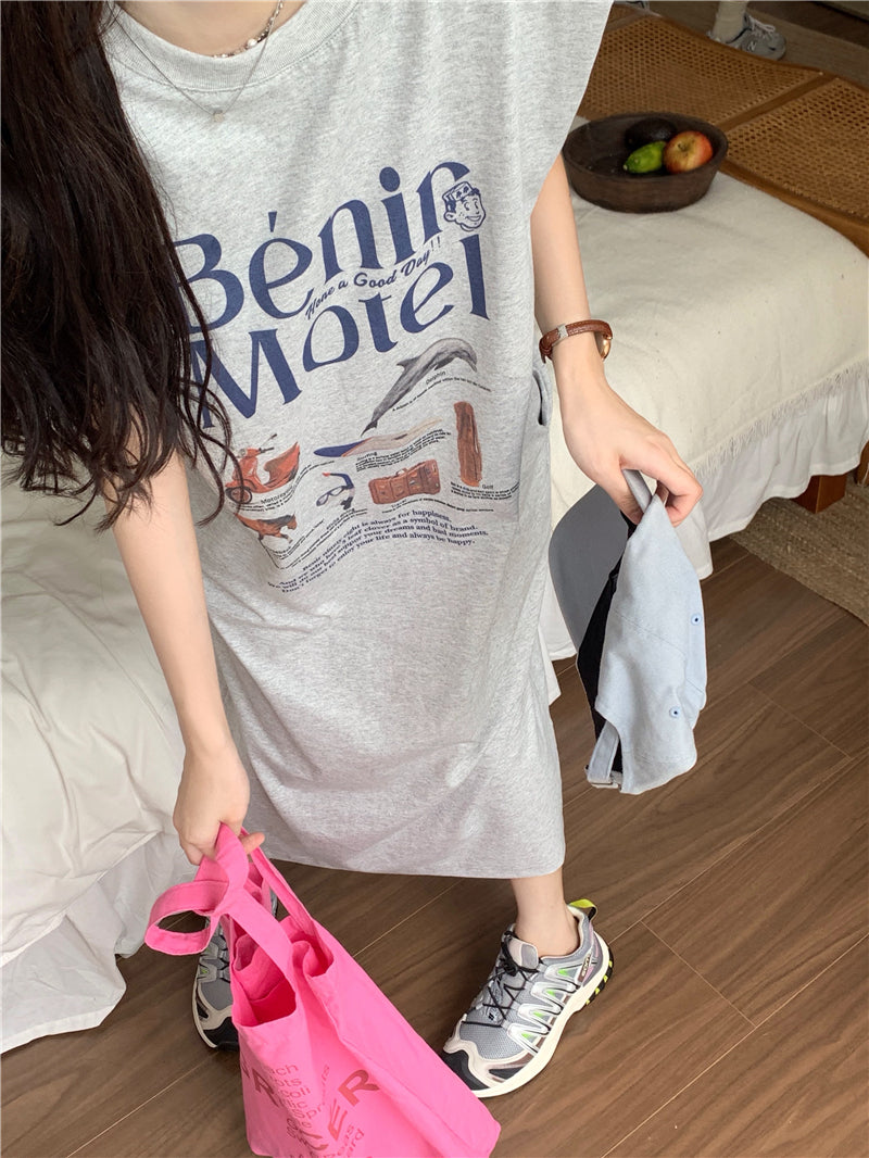 CGB5339-120B 夏日百搭超大印花無袖墊肩T恤連衣裙