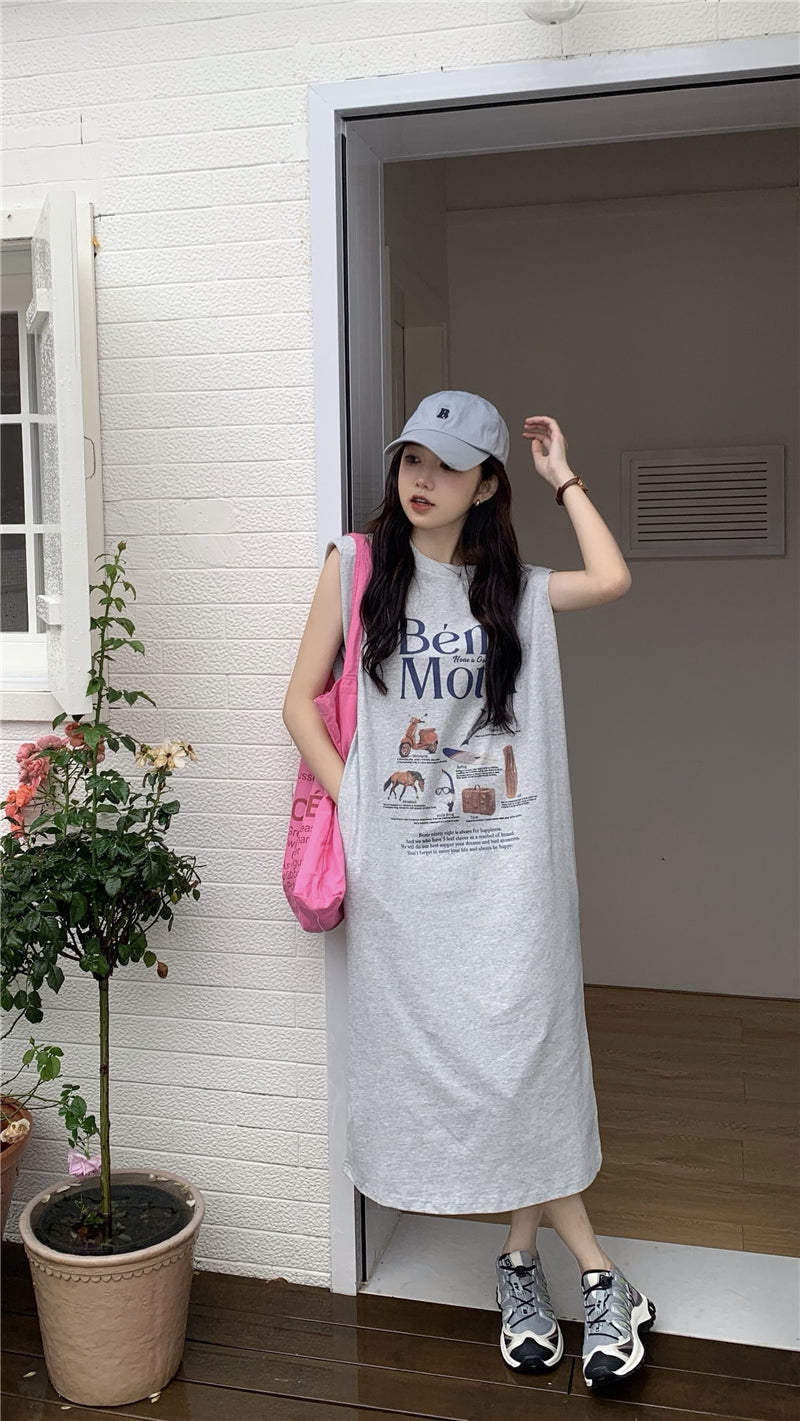 CGB5339-120B 夏日百搭超大印花無袖墊肩T恤連衣裙