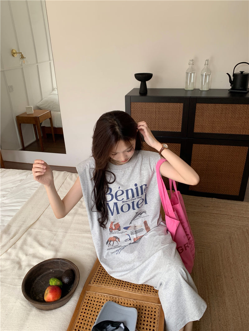 CGB5339-120B 夏日百搭超大印花無袖墊肩T恤連衣裙