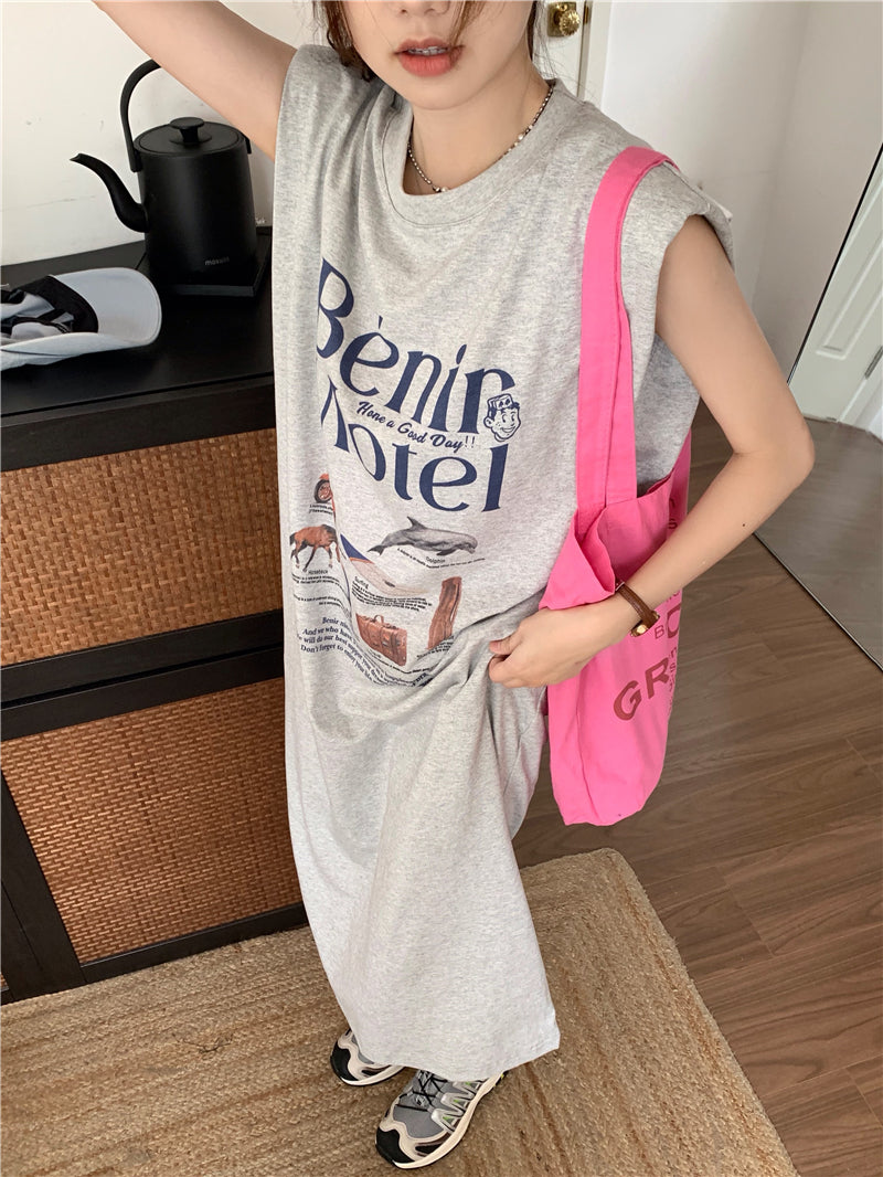 CGB5339-120B 夏日百搭超大印花無袖墊肩T恤連衣裙